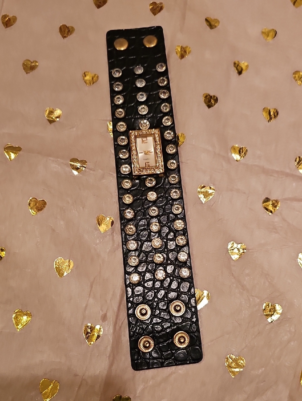 Black Studded Faux Leather Wrap Watch Bracelet - Unbranded